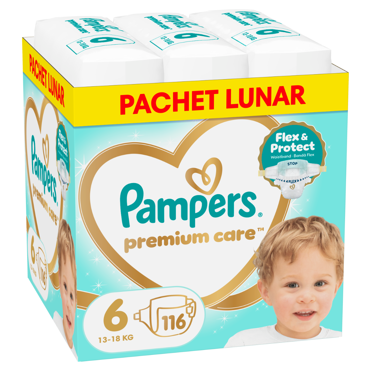 Scutece Premium Care Marimea 6 pentru 13-18 kg, 116 bucati, Pampers