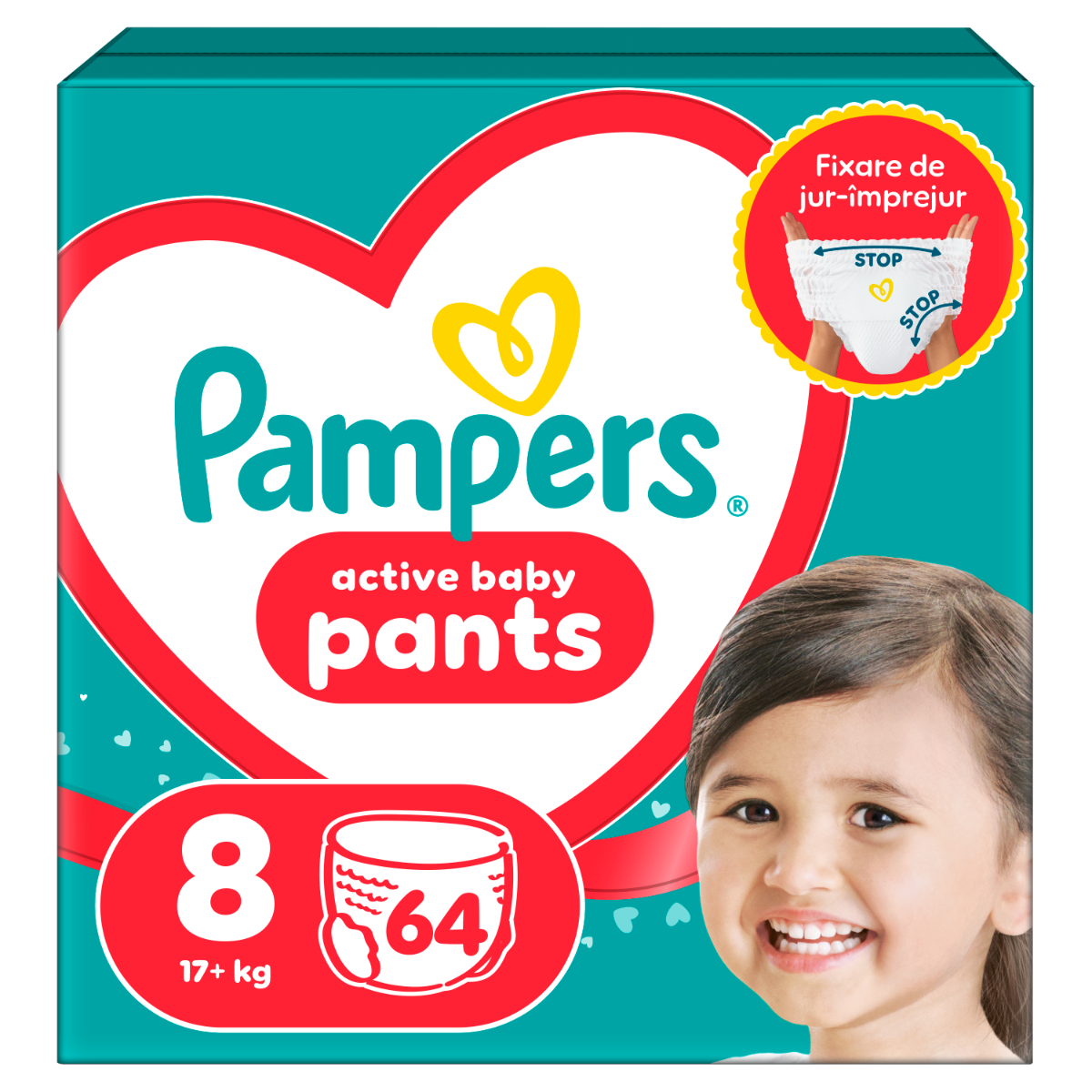 Scutece-chilotel Active Baby Pants Mega Box Marimea 8 pentru +17kg, 64 bucati, Pampers