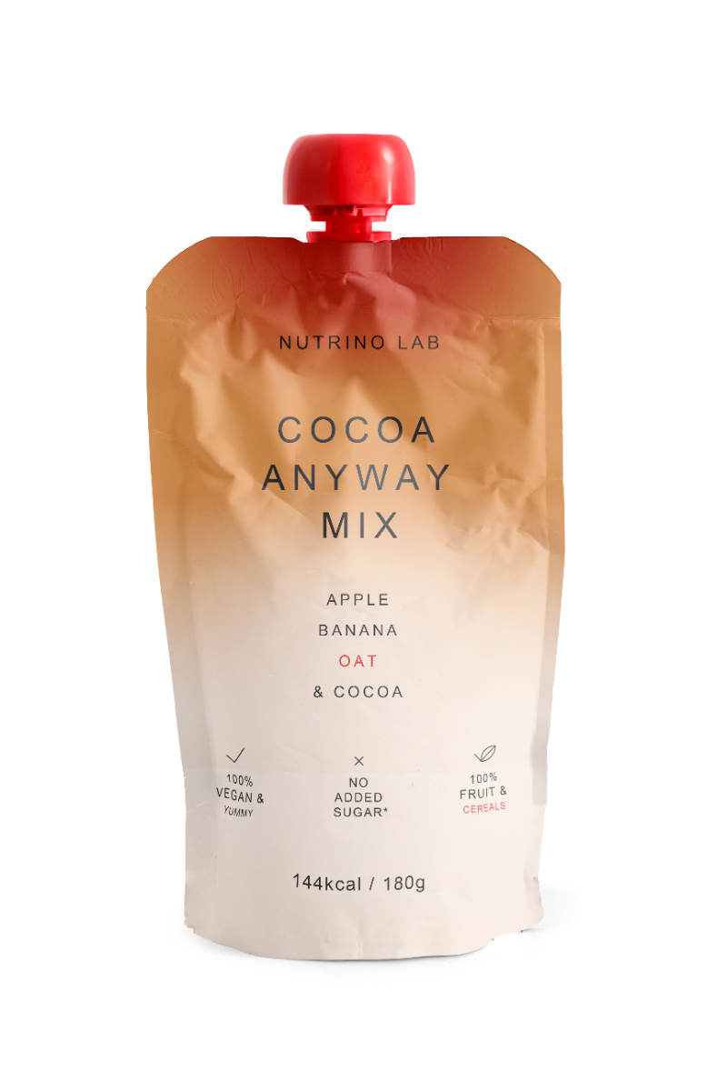Piure pasteurizat din fructe cu mere si banane cu adaos de ovaz si pudra de cacao, 180g, Nutrino Lab