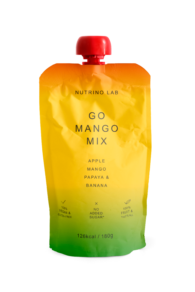 Piure pasteurizat din fructe cu mere mango papaya si banane, 180g, Nutrino Lab
