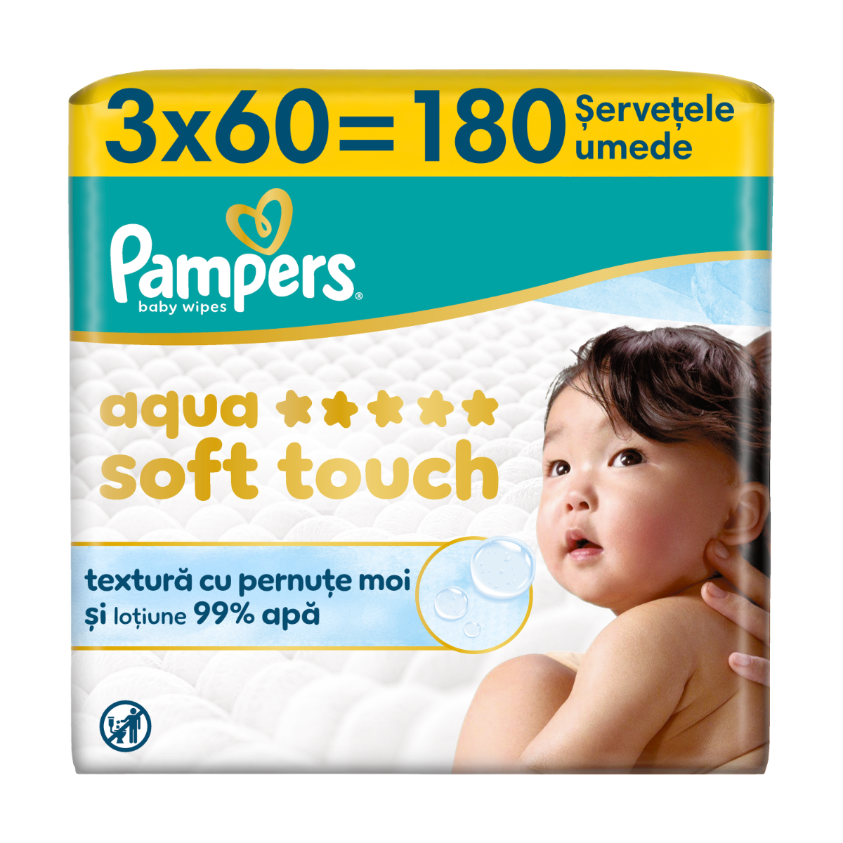 Servetele umede cu 99% apa si lotiune usoara Aqua Soft Touch, 180 bucati, Pampers