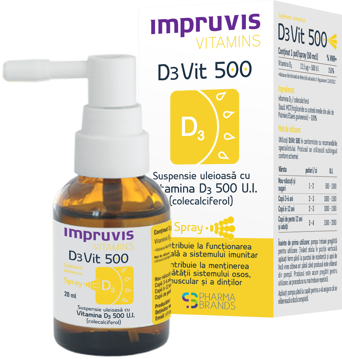 Suspensie uleioasa cu Vitamina D3 D3Vit 500, 20ml, Pharma Brands