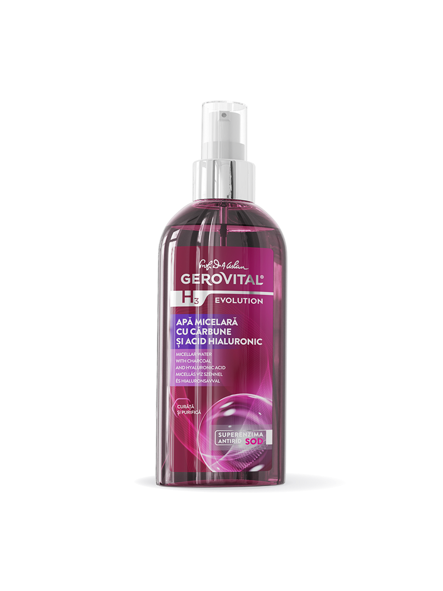 Apă Micelară Cu Cărbune și Acid Hialuronic  Curățare, Detoxifiere și Hidratare, Gerovital H3 Evolution, 150 Ml