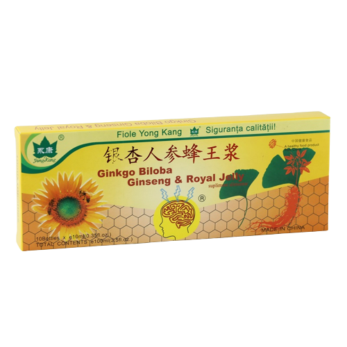 Ginkgo Biloba, Ginseng si Royal Jelly, 10 fiole, Yongkang International