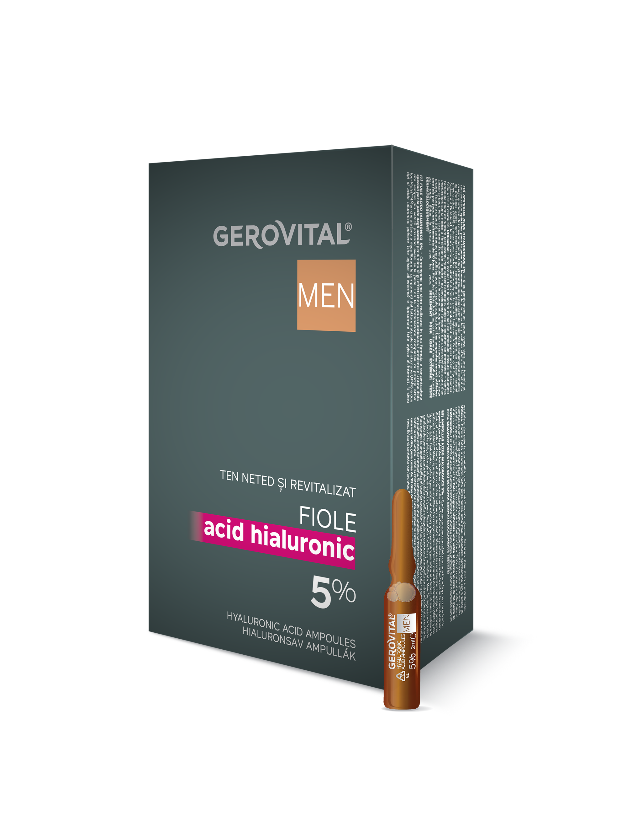 Fiole Cu Acid Hialuronic 5% Pentru Bărbați  Tratament Intensiv De Hidratare Pentru Un Ten Neted și Revitalizat, Gerovital Men, 10 Fiole X 2 Ml
