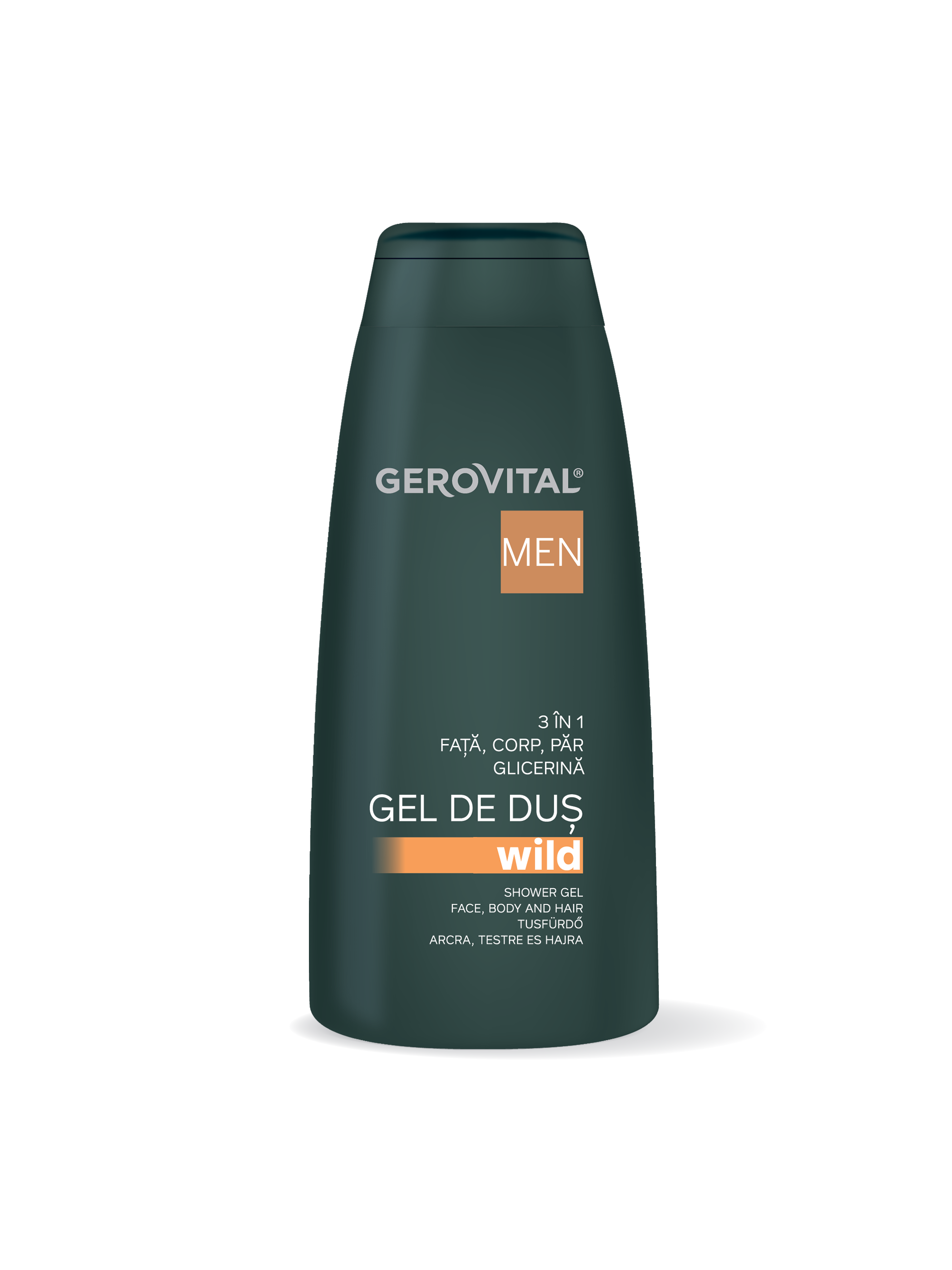 Gel De Duș Wild 3 n 1 Cu Glicerină, Mentol și Provitamina B5  Hidratare și ngrijire Pentru Față, Corp și Păr, Efect Răcoritor, Gerovital Men, 400 Ml