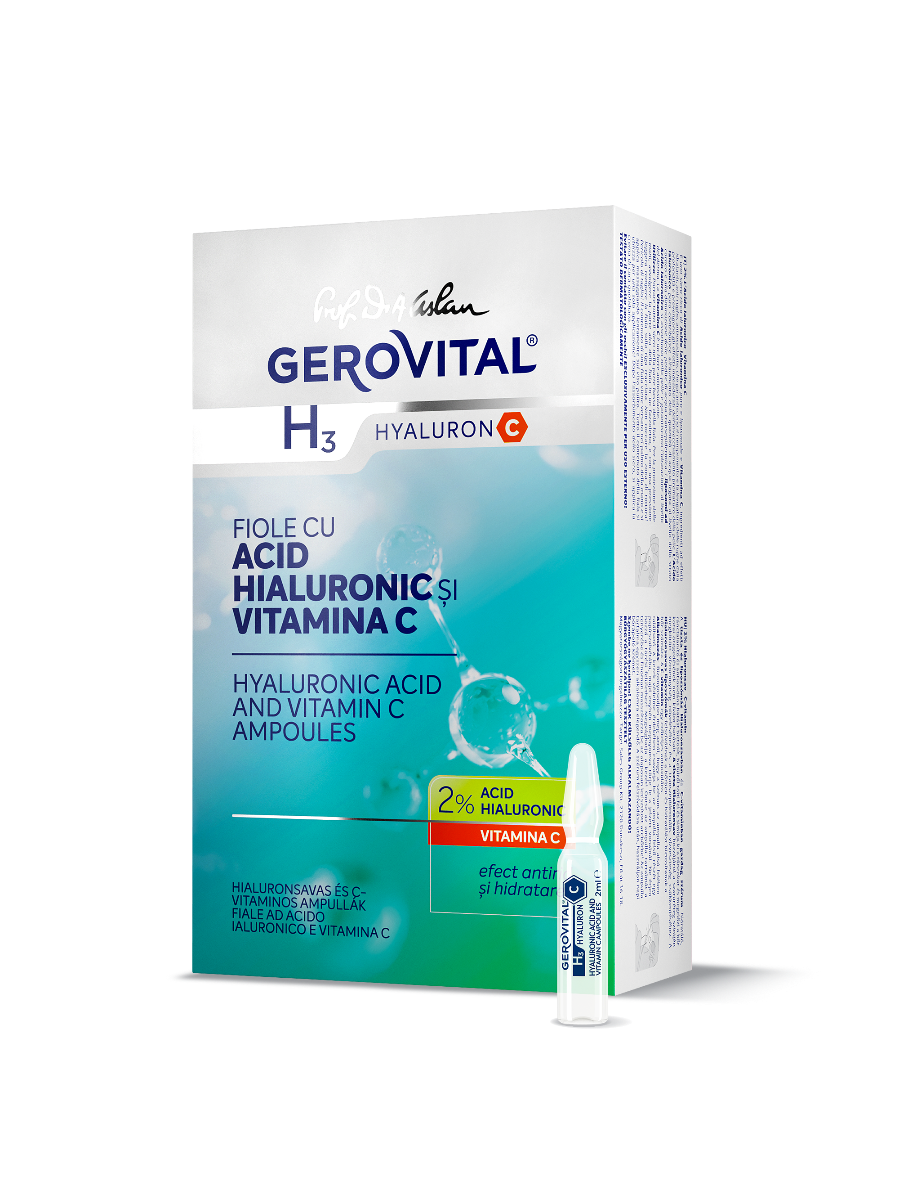 Fiole Cu Acid Hialuronic 2% și Vitamina C  Hidratare, Netezire Riduri și Antimbătrnire, Gerovital H3 Hyaluron C, 10 Fiole X 2 Ml