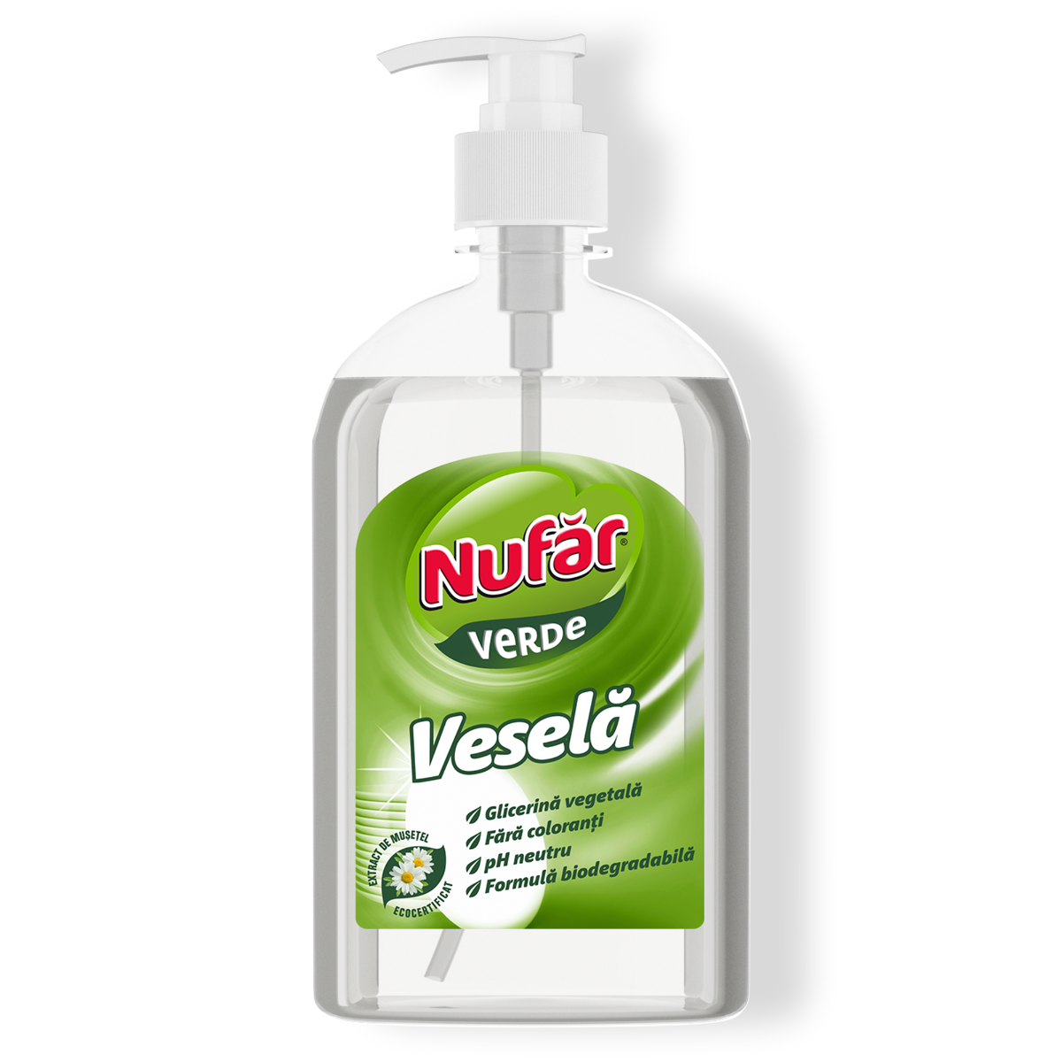 Nufăr Verde Veselă Cu Glicerină și Mușețel, Detergent Biodegradabil Pentru Vase, 500 Ml