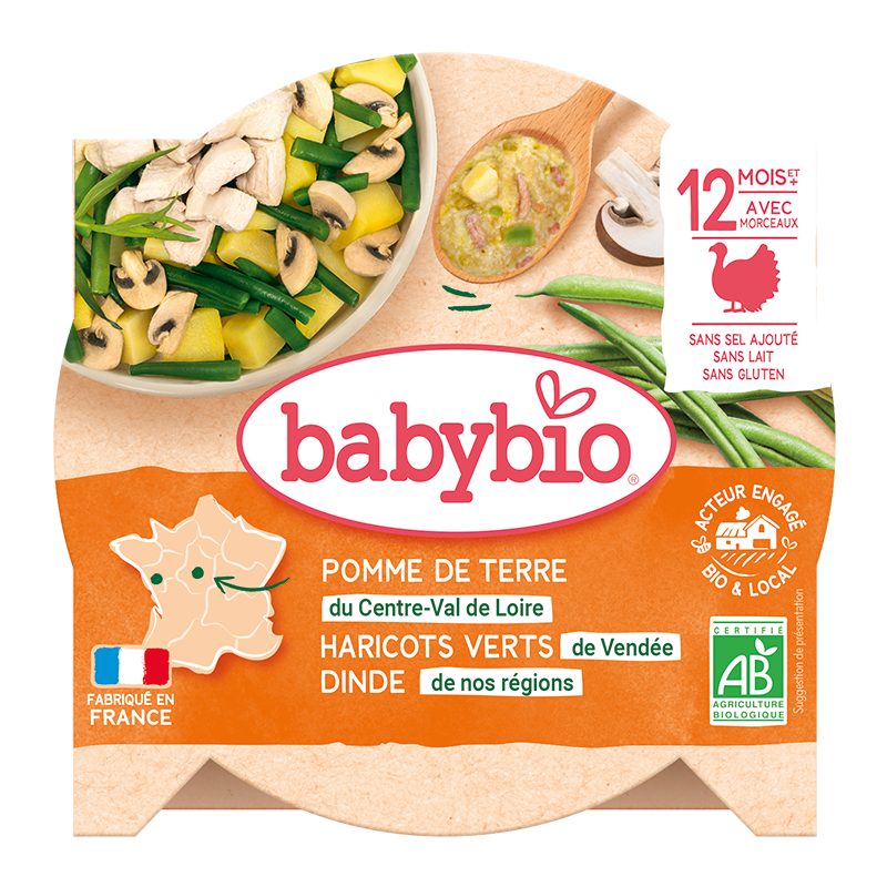 Meniu morcovi, fasole verde si felii de curcan Bio, 230g, BabyBio