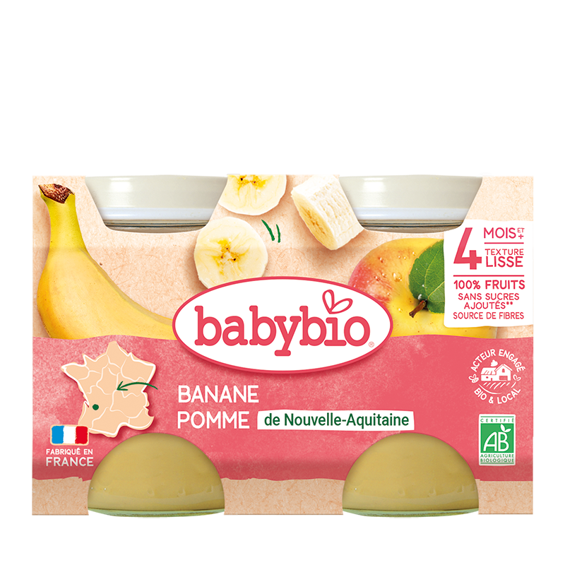 Piure de mere si banane Bio, 2 x 130g, BabyBio