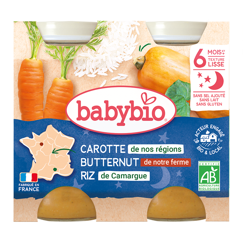 Piure de morcovi, dovleac si orez Bio, 2 x 200g, BabyBio