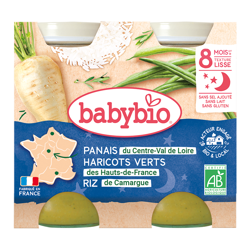 Piure de pastranac, fasole verde si orez Bio, 2 x 200g, BabyBio
