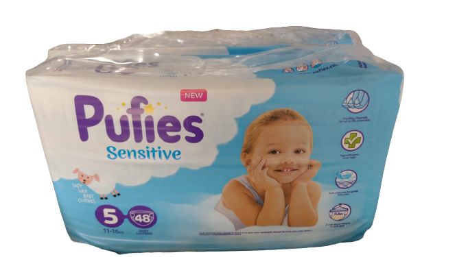Scutece Sensitive Junior Marimea 5 pentru 11-15kg, 48 bucati, Pufies