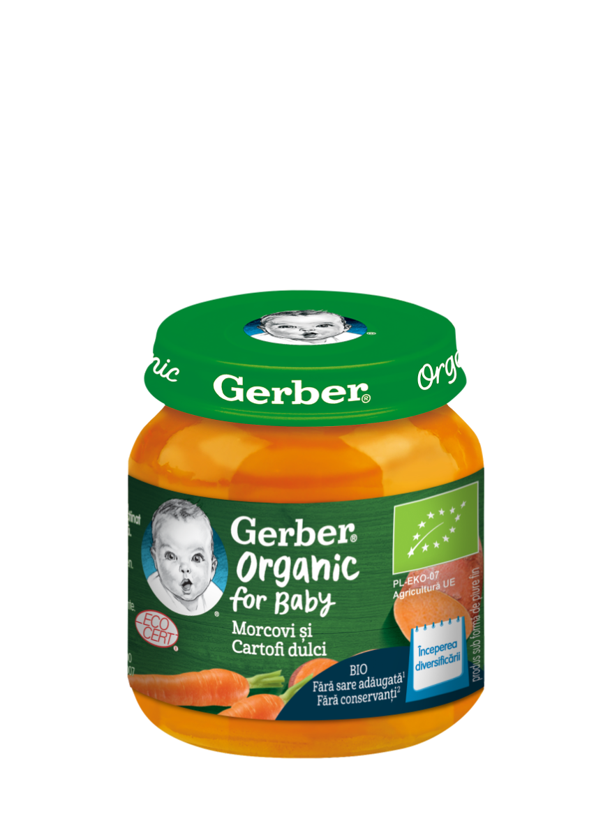 Piure Bio din morcovi si cartofi dulci de la 4 luni, 125g, Gerber