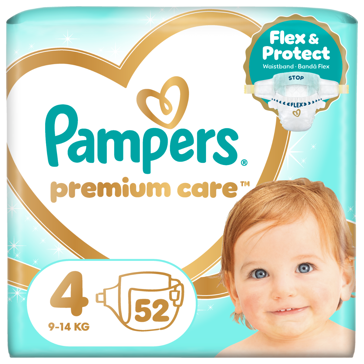 Scutece Premium Care Nr.4 pentru 9-14kg, 52 bucati, Pampers