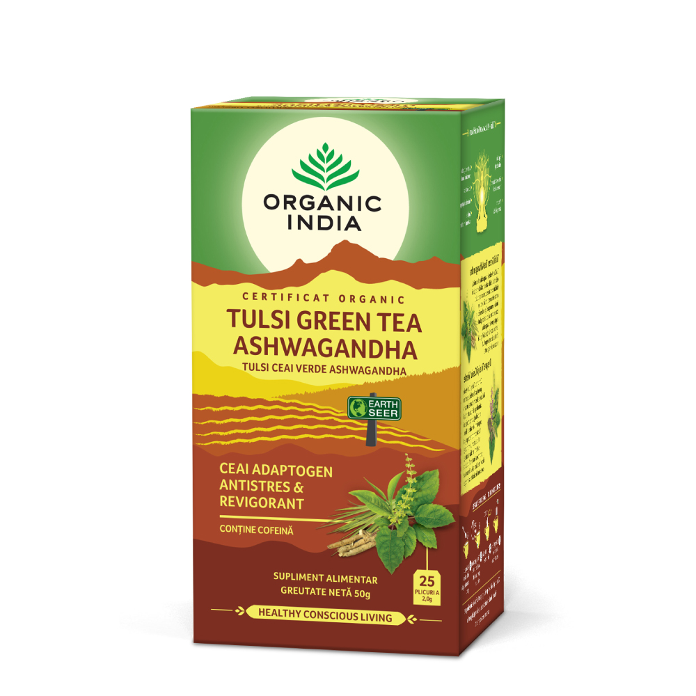 Ceai Tusli Ashwagandha si Ceai Verde , 25 plicuri, Organic India