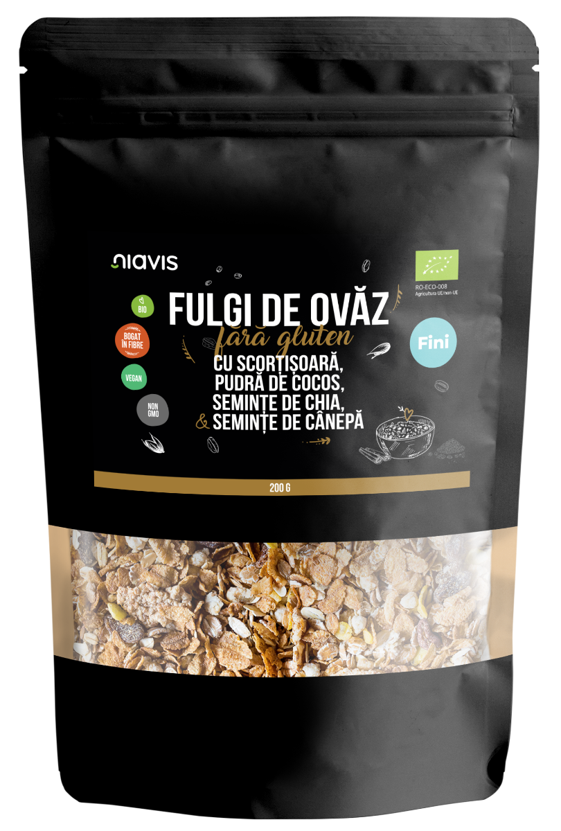 Fulgi de ovaz fini fara gluten cu scortisoara, cocos, chia si seminte de canepa Eco, 200g, Niavis
