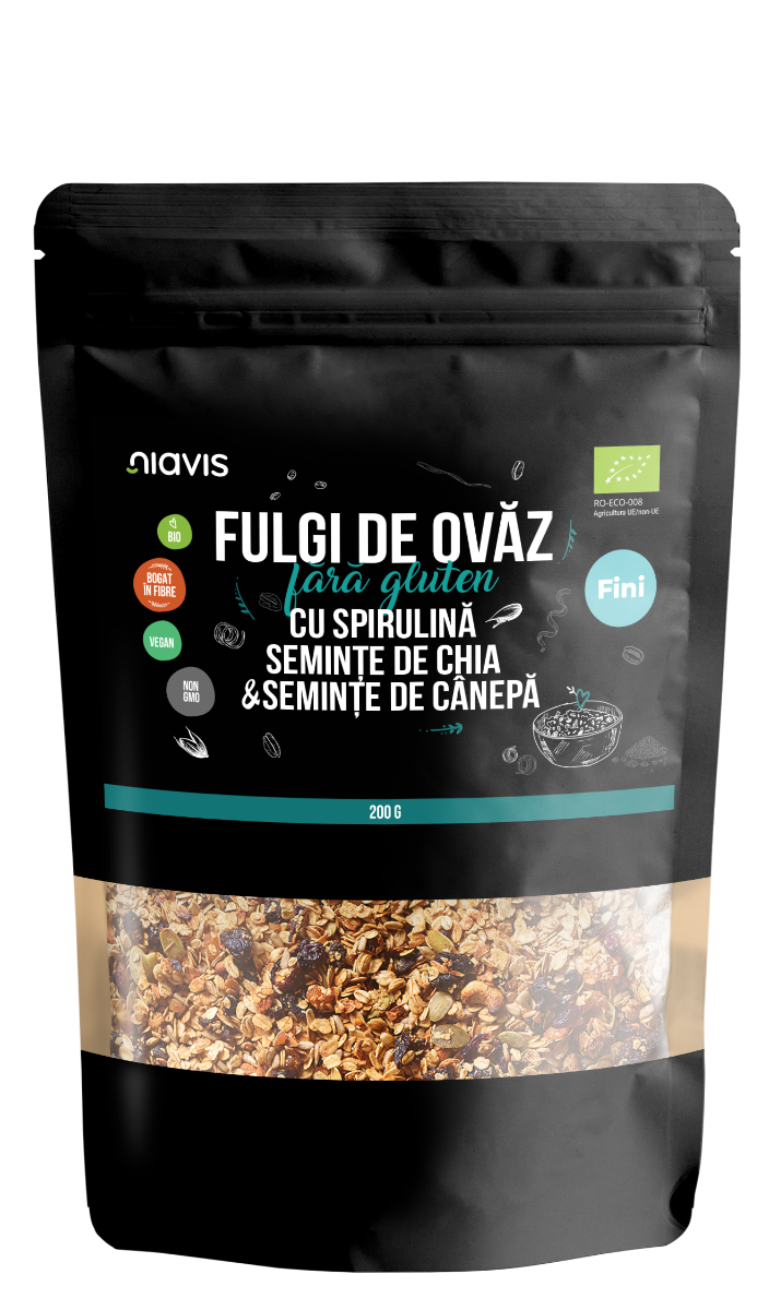 Fulgi de ovaz fini fara gluten cu spirulina, chia si seminte de canepa Eco, 200g, Niavis