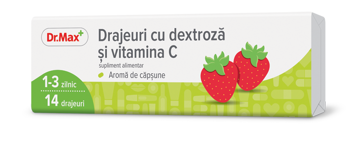 Dr. Max Drajeuri cu dextroza si vitamina C cu aroma de capsune, 14 drajeuri
