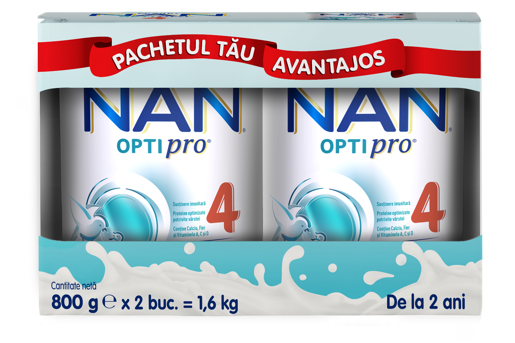 Produs pe baza de lapte praf fortifiat NAN Optipro 4 de la 2 ani, 2 x 800g, Nestle