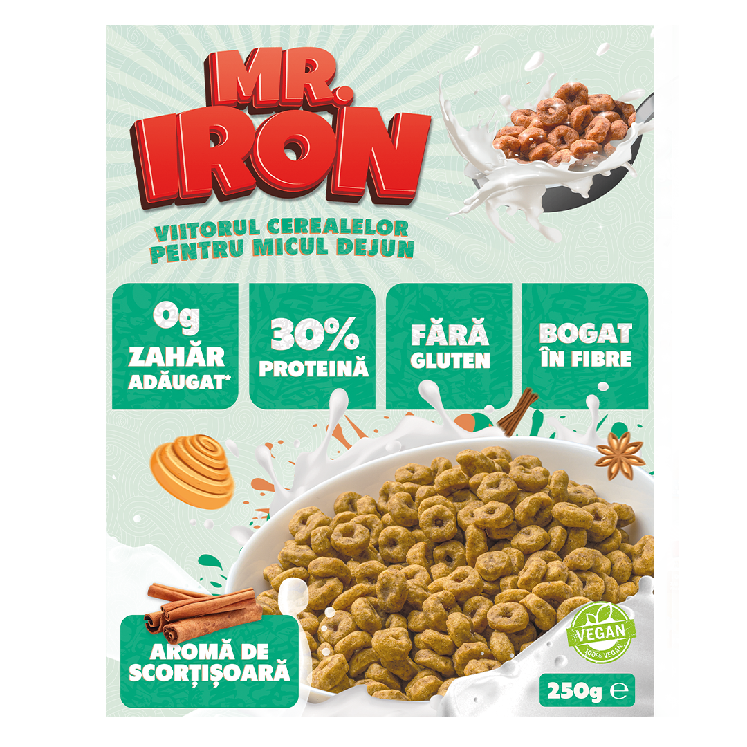 Cereale cu 30% proteina fara zahar low-carb gluten free si vegane Scortisoara, 250g, Mr. Iron