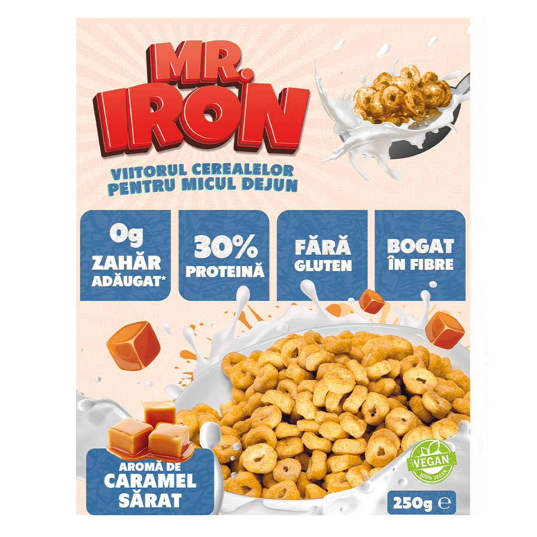 Cereale cu 30% proteina fara zahar low-carb gluten free si vegane Caramel Sarat, 250g, Mr. Iron