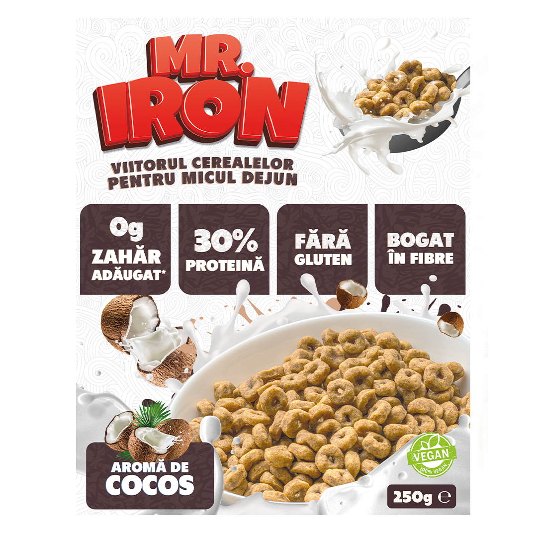 Cereale cu 30% proteina fara zahar low-carb gluten free si vegane Cocos, 250g, Mr. Iron