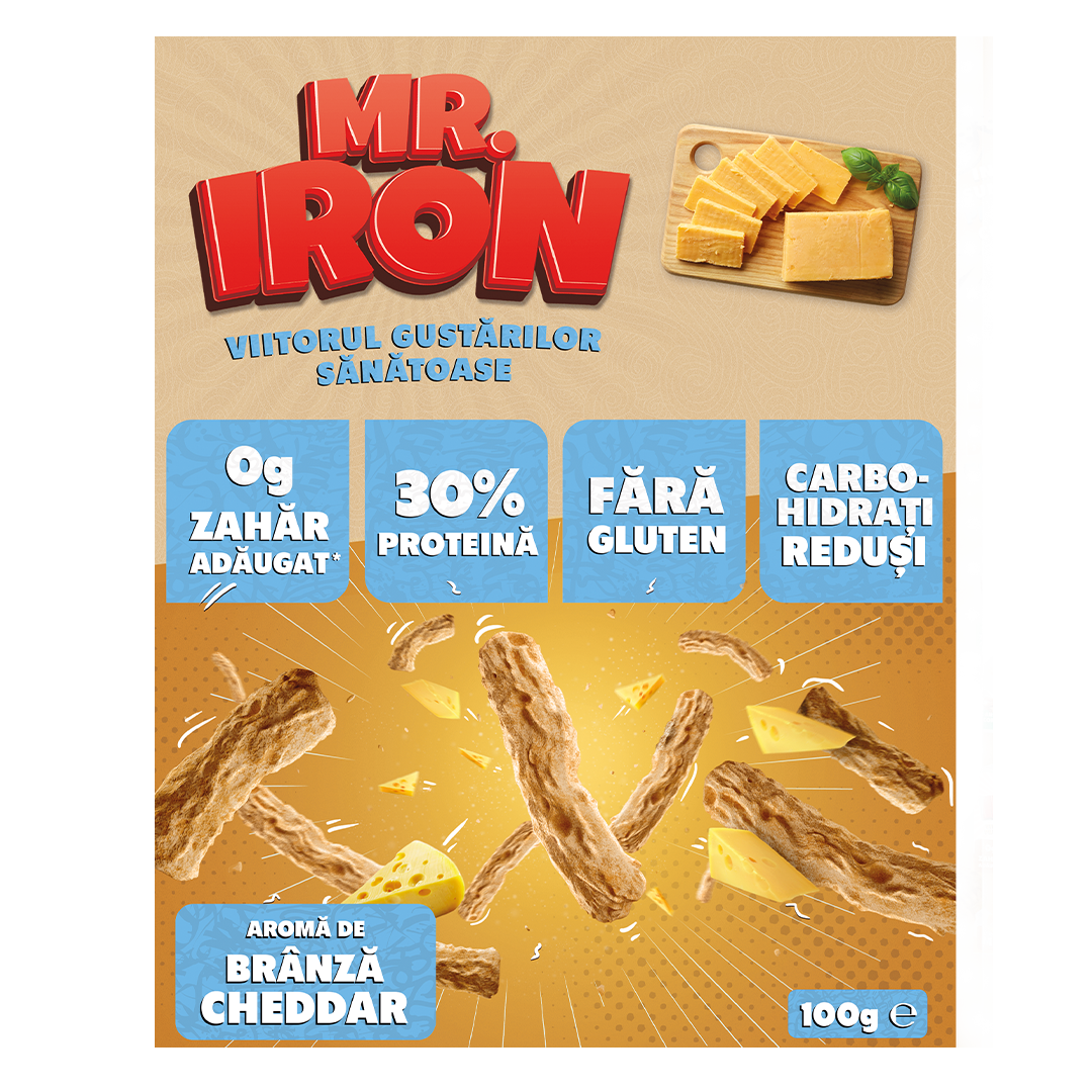 Snack cu 30% proteina fara zahar low-carb gluten free Branza Ceddar Tojos, 100g, Mr. Iron