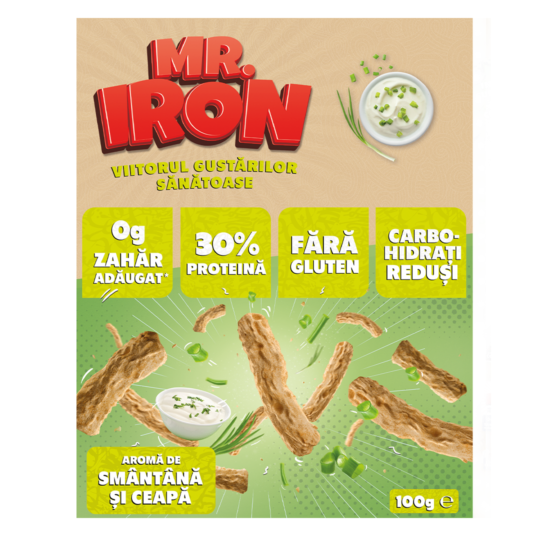 Snack cu 30% proteina fara zahar low-carb gluten free Smantana si Ceapa Tojos, 100g, Mr. Iron