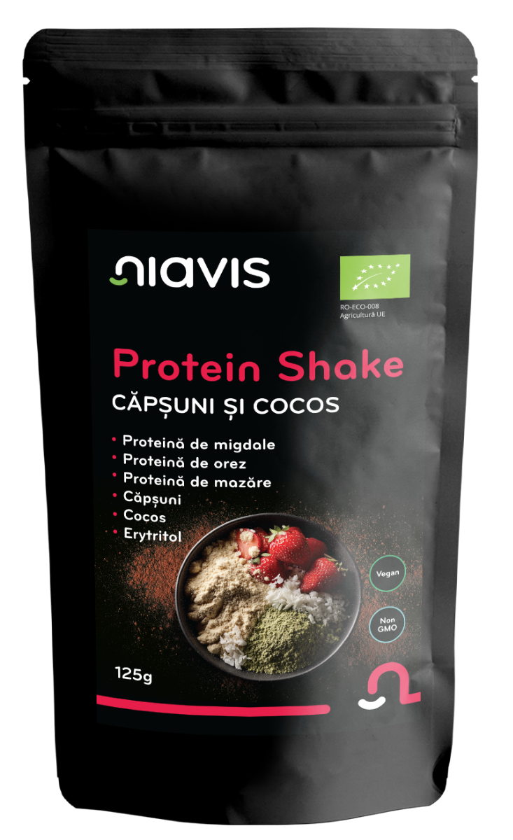 Protein shake ecologic cu capsune si cocos, 125g, Niavis
