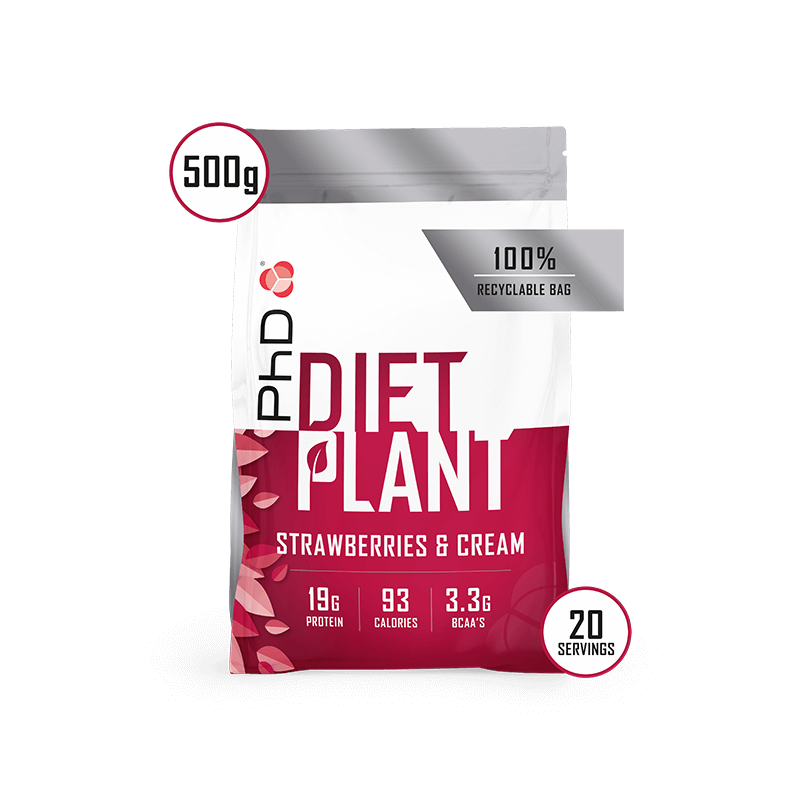 Pudra proteica Diet Plant cu aroma de capsuni si frisca, 500g, PhD