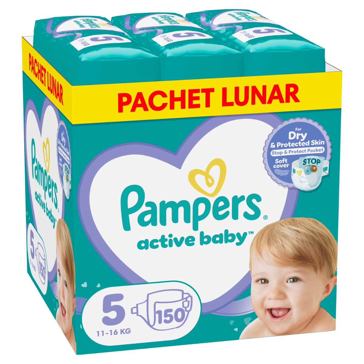 Scutece Active Baby Junior Marimea 5 pentru 11-16 kg, 150 bucati, Pampers