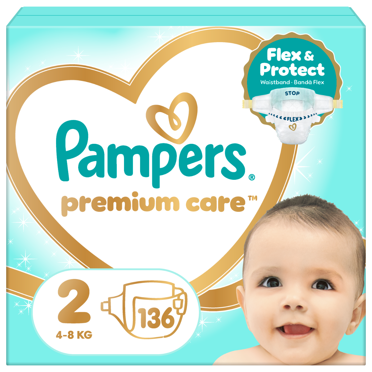 Scutece Premium Care Nr. 2 pentru 4-8 kg, 136 bucati, Pampers
