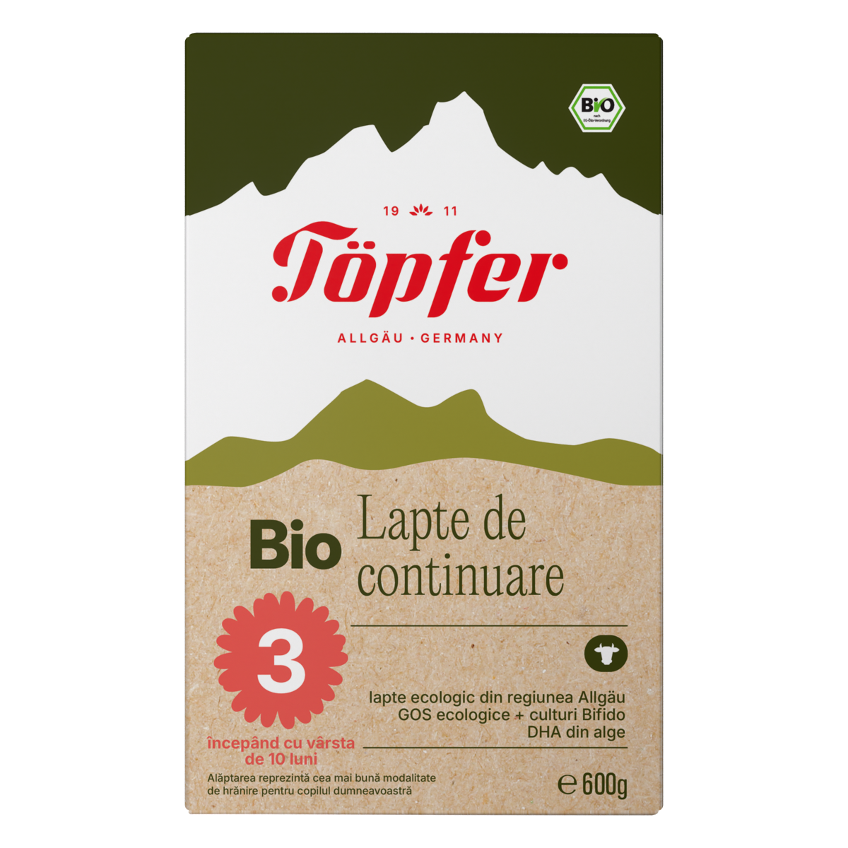 Lapte praf Bio 3 de la 10 luni, 600g, Topfer