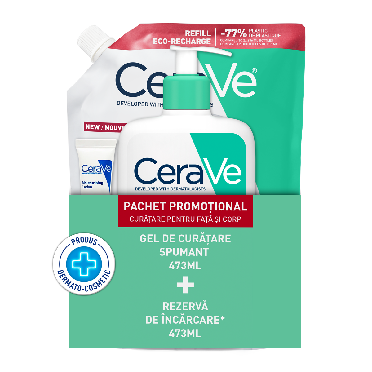 Pachet Gel spumant de curatare 473ml + Refill Gel spumant de curatare 473ml + Lotiune hidratanta 5ml, CeraVe
