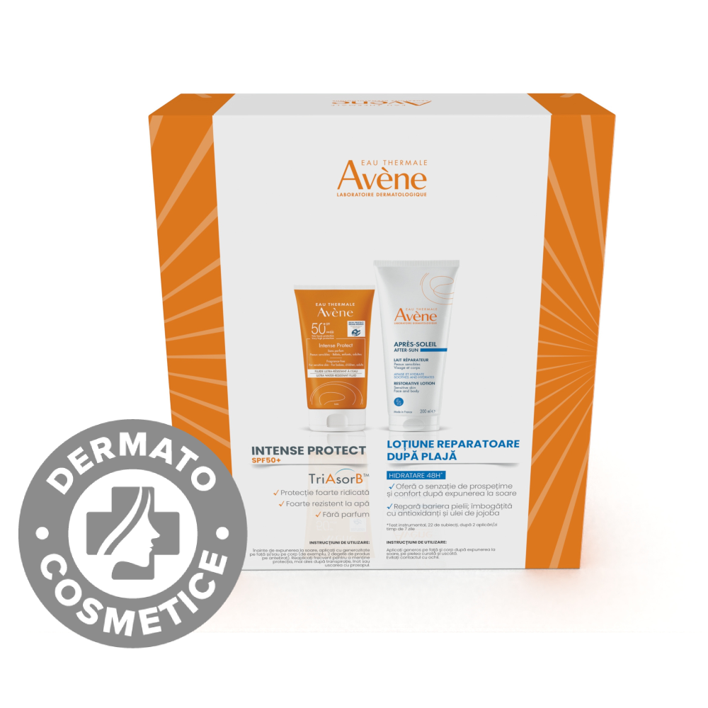 Pachet Lotiune protectie solara cu SPF50+ Intense Protect 150ml + Lotiune reparatoare dupa plaja Sun Care 200ml, Avene