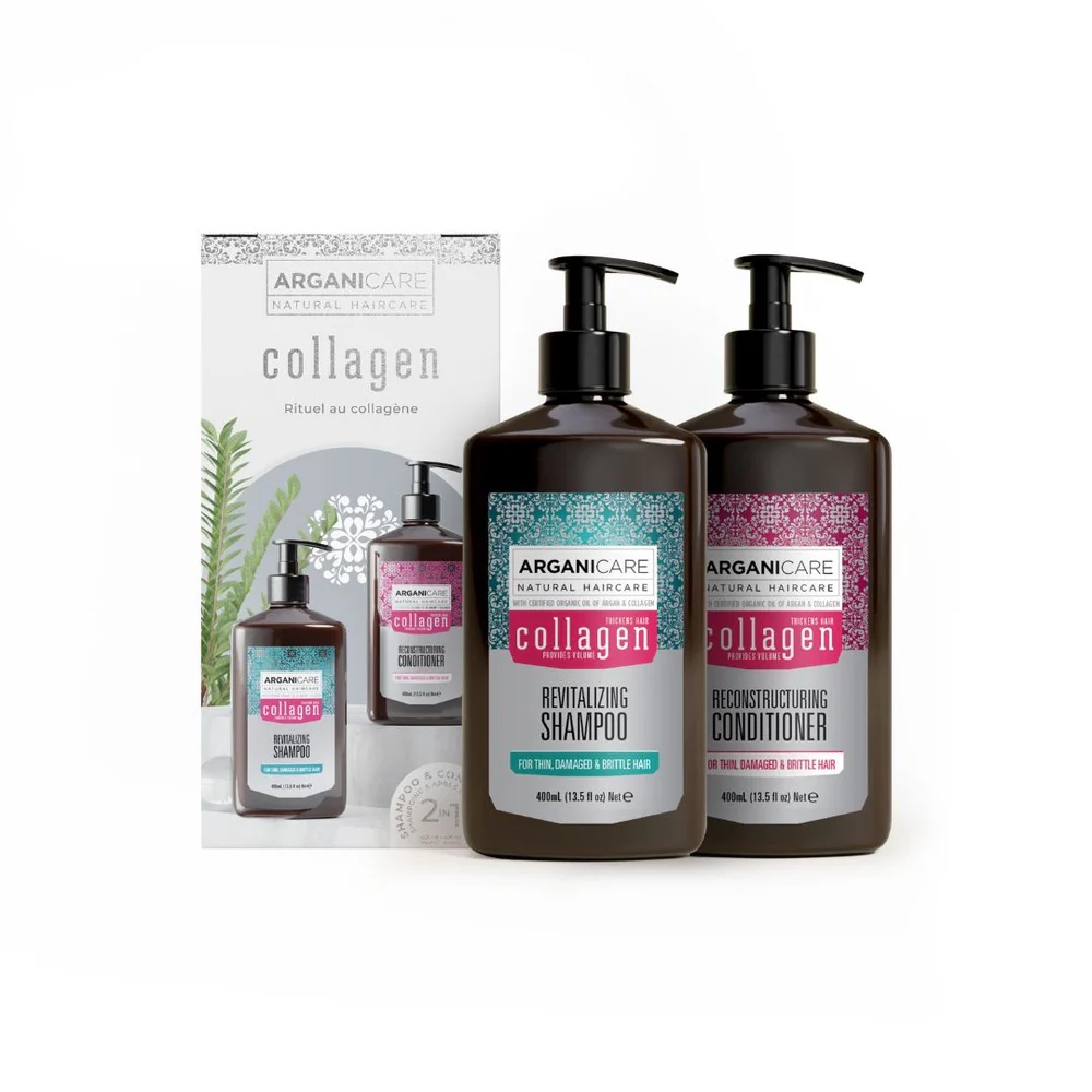 Set Sampon & Balsam cu colagen si ulei de argan pentru par subtire deteriorat sau fragil, Arganicare