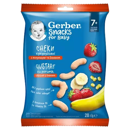 Gustare cu porumb capsuni si banane de la 7 luni, 28g, Gerber