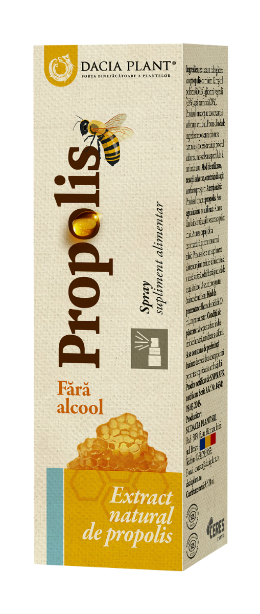 Spray cu extract natural de propolis fara alcool, 20ml, Dacia Plant
