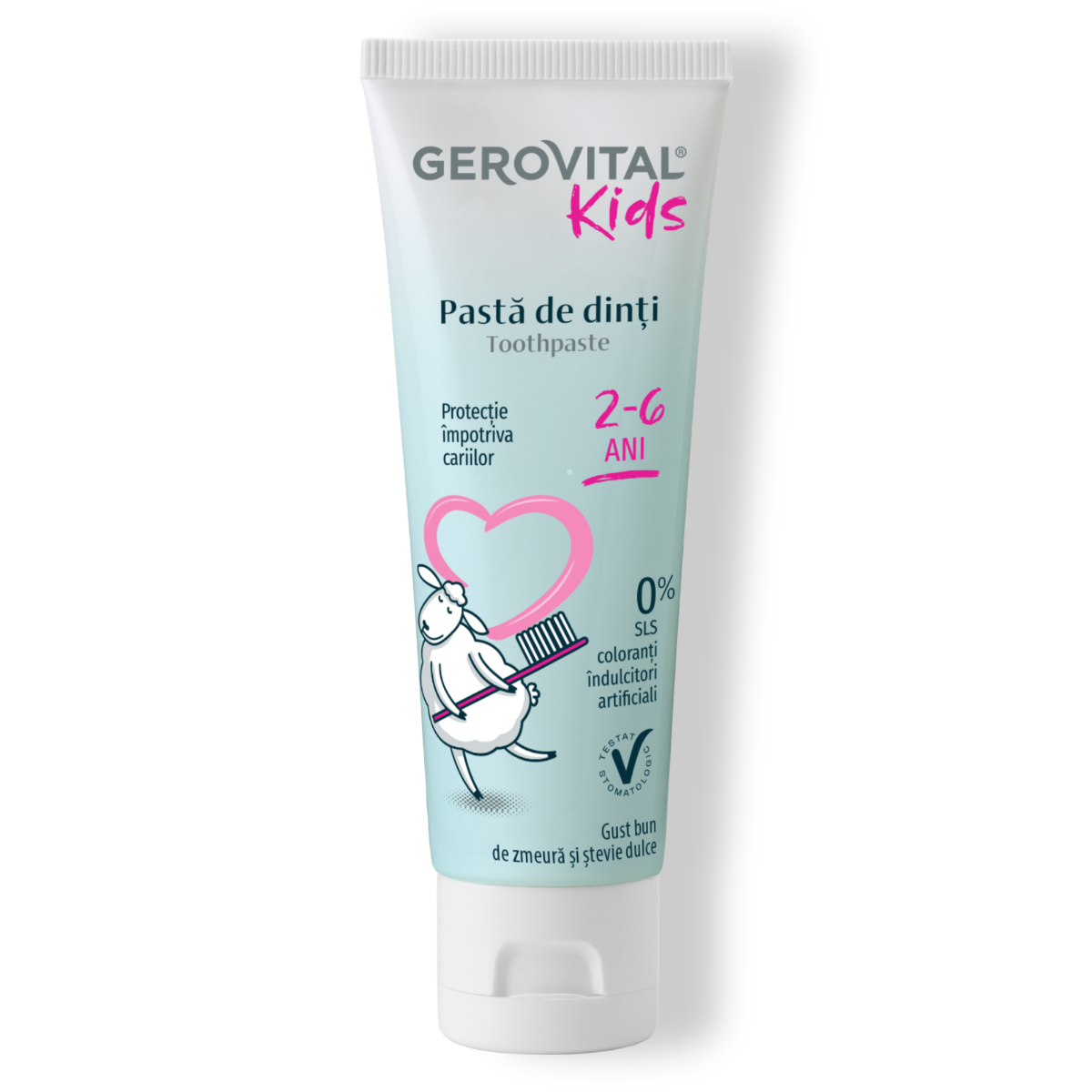 Pastă De Dinți Cu Zmeură Pentru Copii 26 Ani  Protecție Anti-carii Cu Fluor, Mușețel Eco și ndulcitor Natural Din Ștevie, Gerovital Kids, 50 Ml