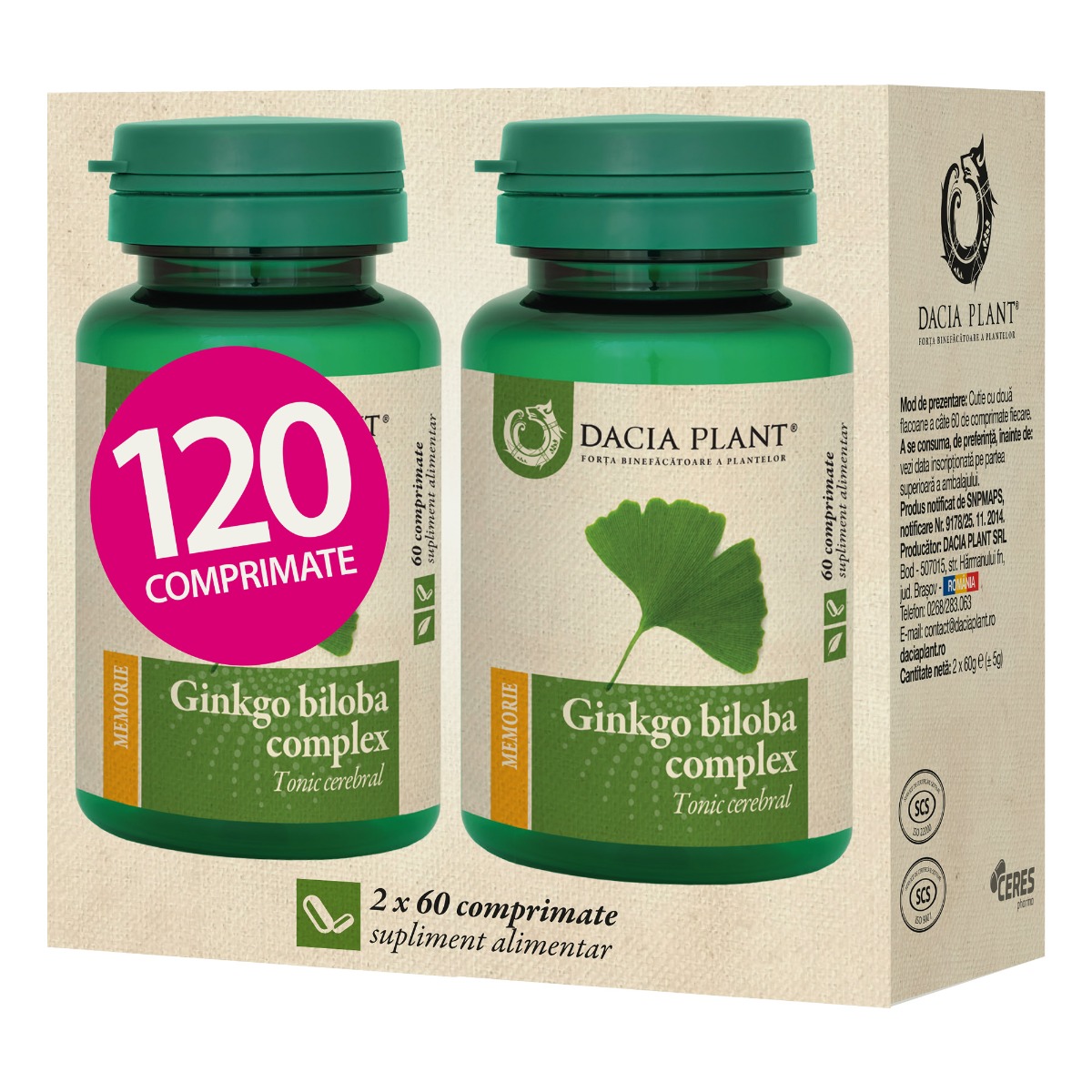 Pachet Ginko Biloba, 120 comprimate, Dacia Plant