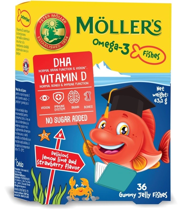 Pestisori gumati cu Omega-3 aroma de lamaie verde si capsuni, 36 jeleuri, Moller's