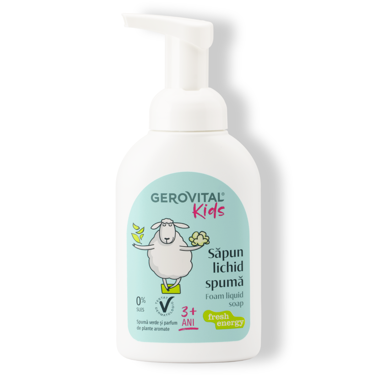 Săpun Lichid Spumă Verde Pentru Copii  Curățare Delicată Cu Glicerină, Panthenol și Aloe Vera, Gerovital Kids, 300 Ml