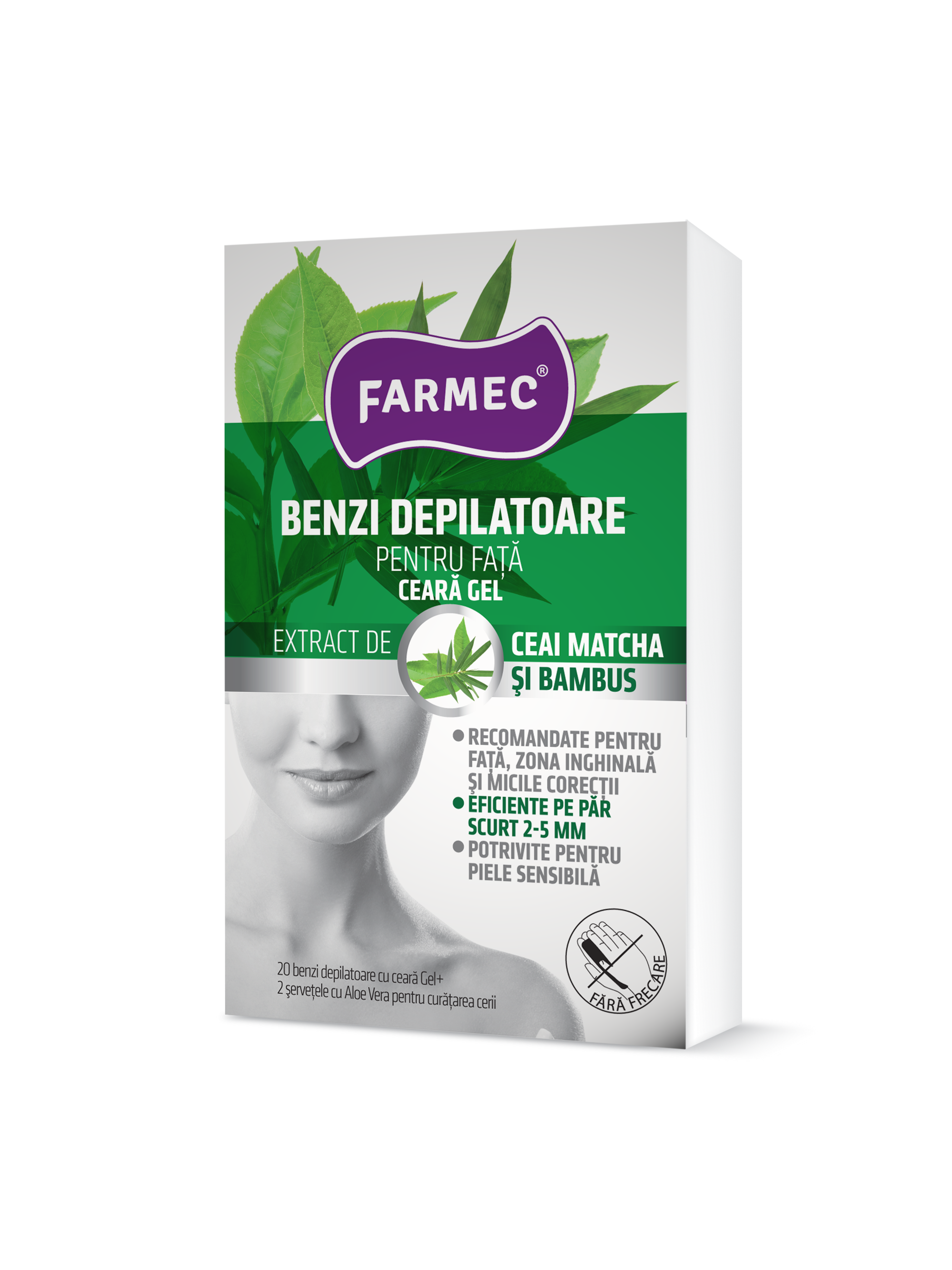 Benzi Depilatoare Pentru Față Cu Ceară Gel, Extract De Bambus și Matcha, Farmec, 20 Buc