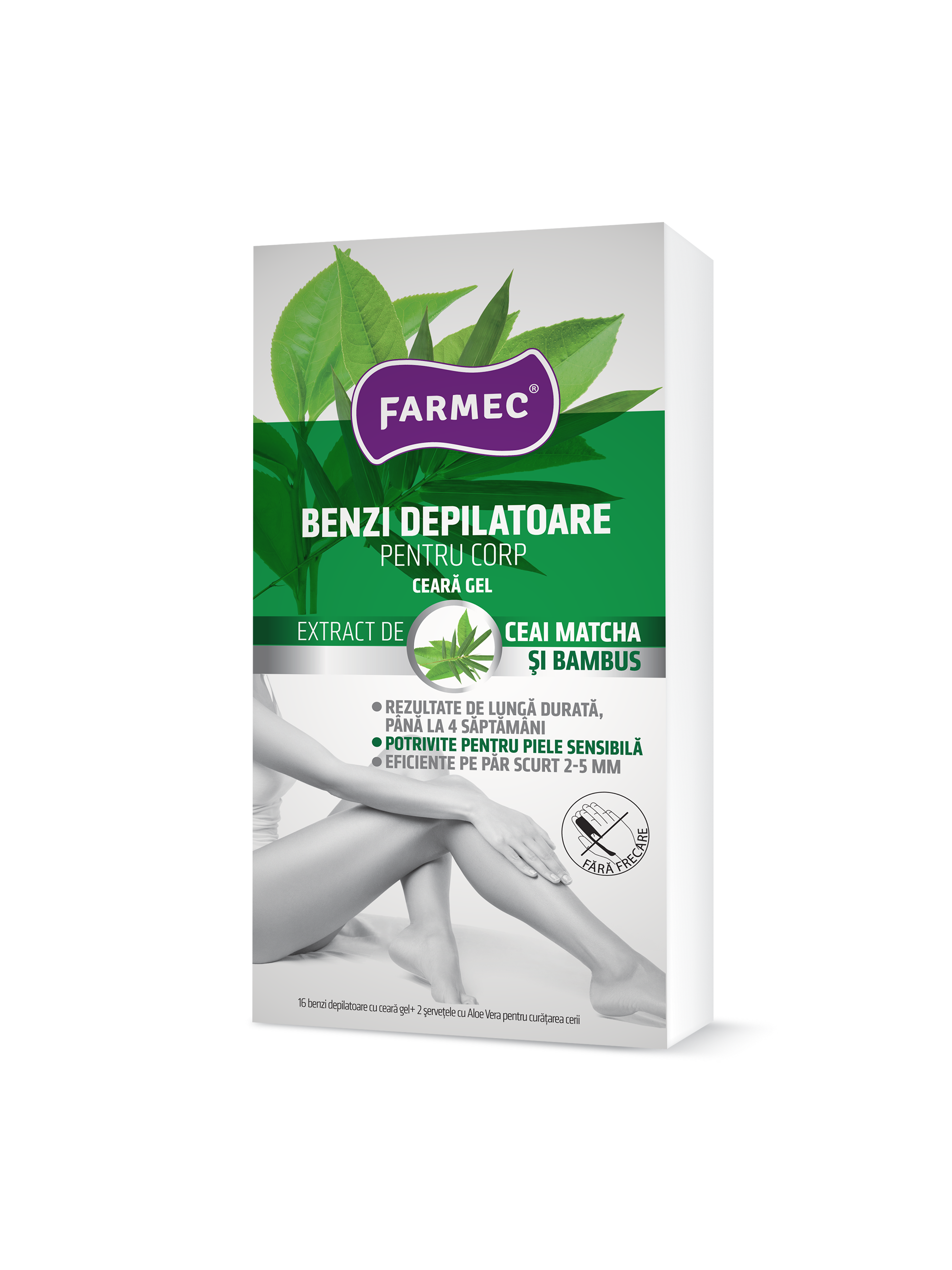 Benzi Depilatoare Pentru Corp Cu Ceară Gel, Extract De Bambus și Matcha, Farmec, 16 Buc